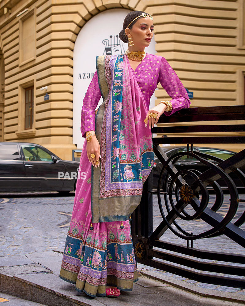 Teal Floral Silk Saree with Cream Border & Blouse