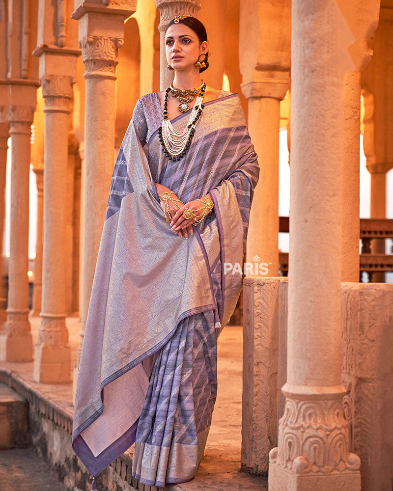Purple Striped Pattern and Golden Border Silk Saree with Unstitched Blouse