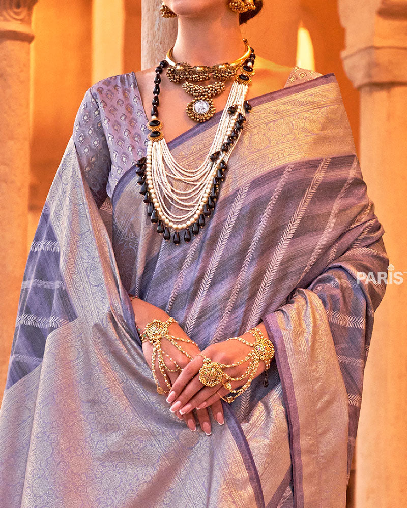 Purple Striped Pattern and Golden Border Silk Saree with Unstitched Blouse