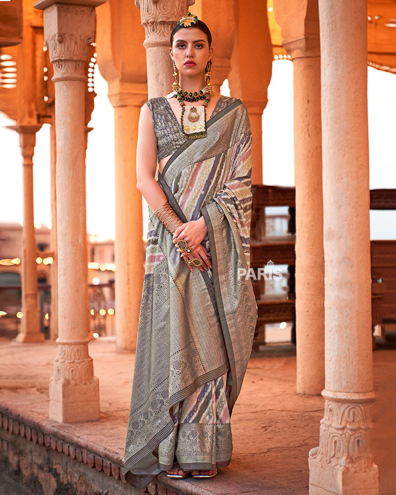 Multicolor Foil Print Work Silk Saree with Unstitched Blouse