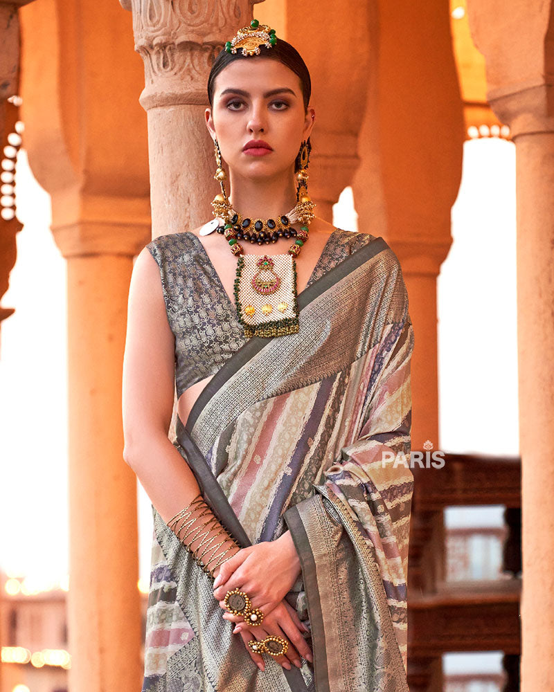 Multicolor Foil Print Work Silk Saree with Unstitched Blouse