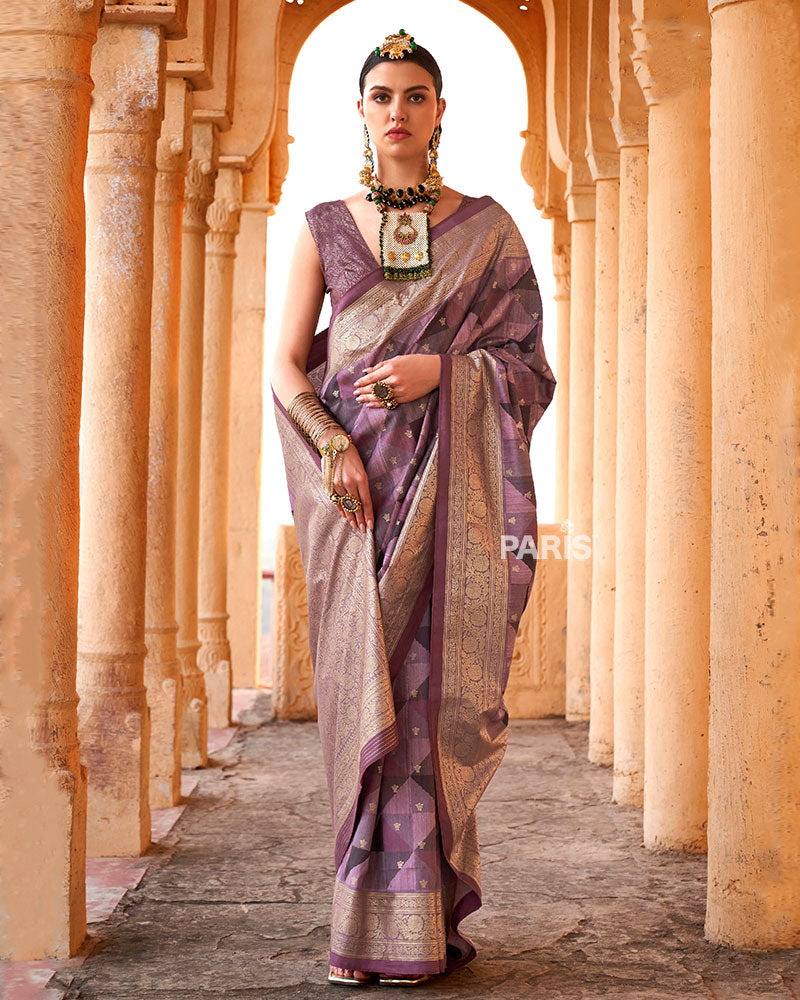 Purple Multicolor Zari Embellished Silk Saree with Unstitched Blouse