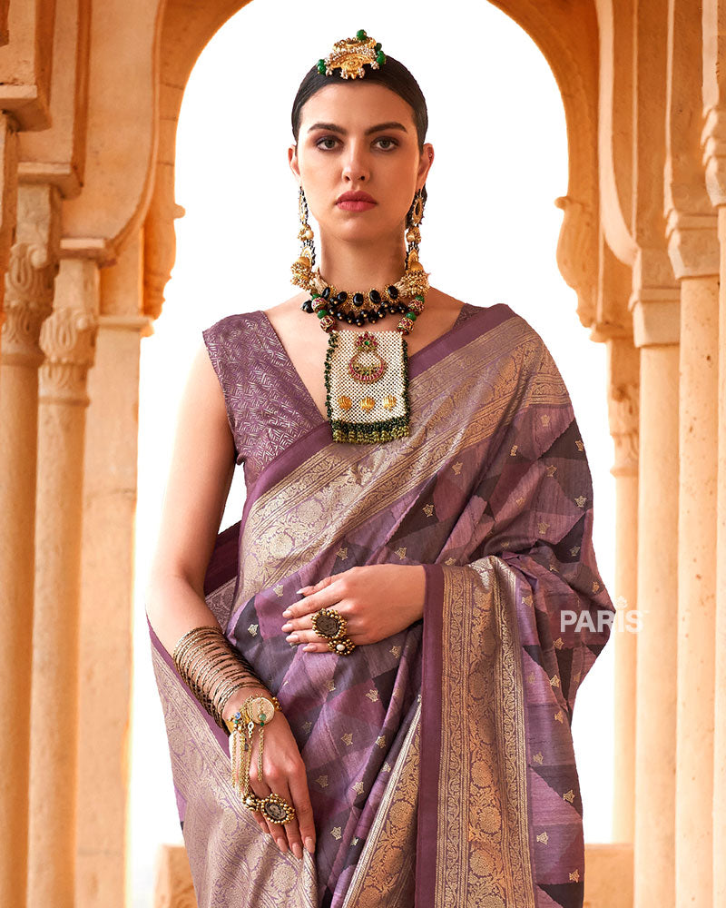 Purple Multicolor Zari Embellished Silk Saree with Unstitched Blouse