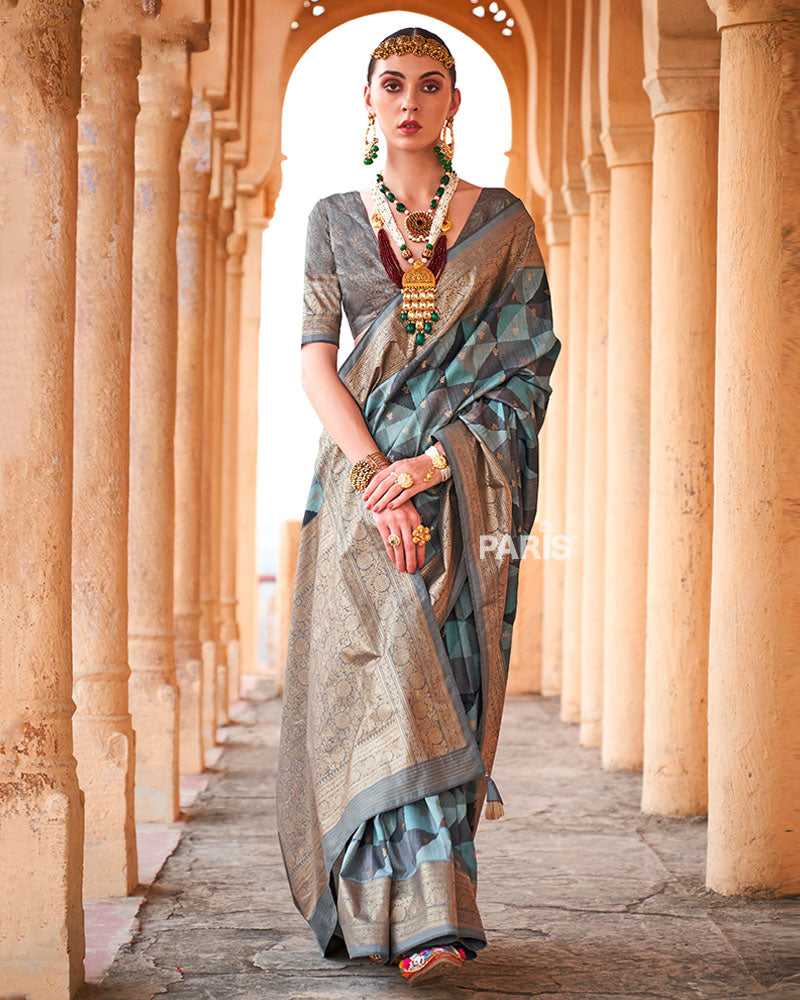 Blue Multicolor Zari Embellished Silk Saree with Unstitched Blouse