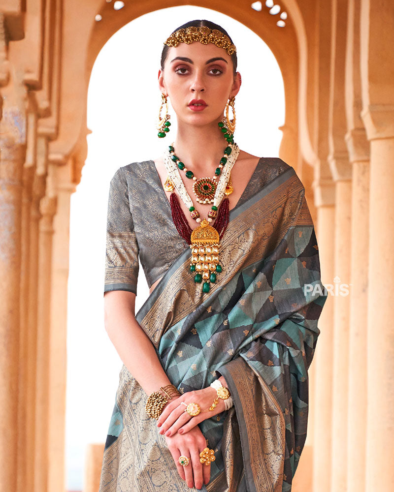 Blue Multicolor Zari Embellished Silk Saree with Unstitched Blouse