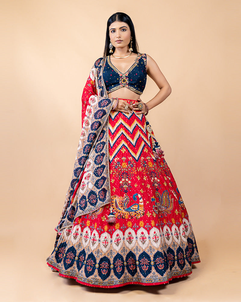 Red Lehenga with Navy Blue Deep Neck Blouse and Dupatta