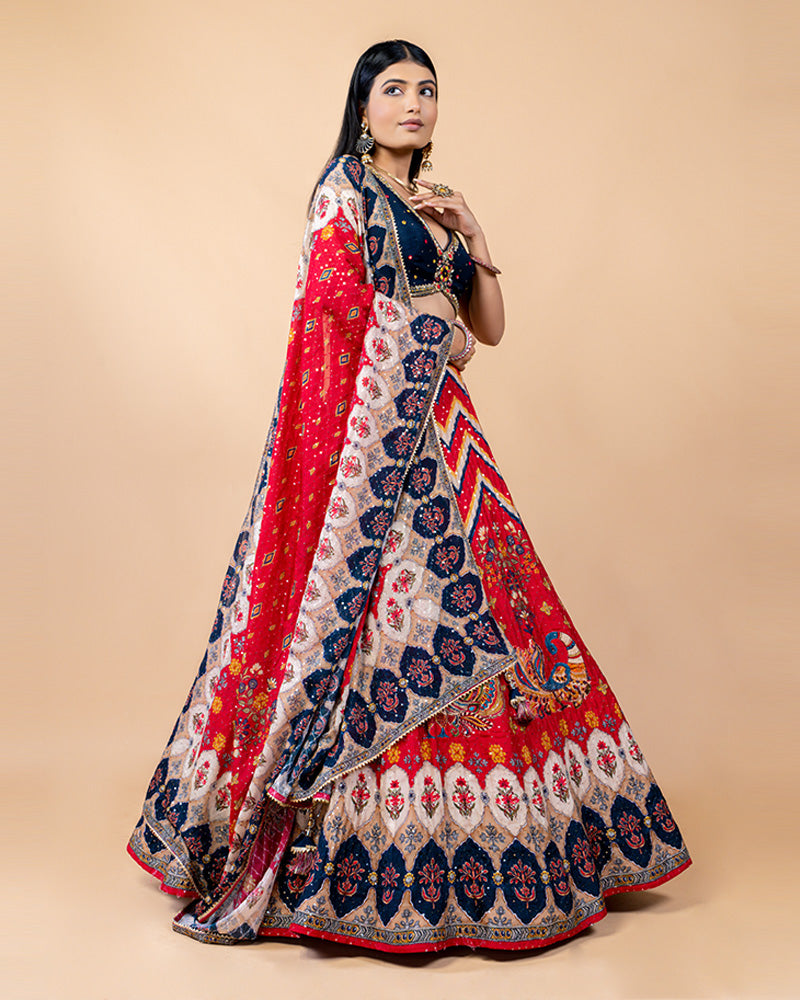 Red Lehenga with Navy Blue Deep Neck Blouse and Dupatta