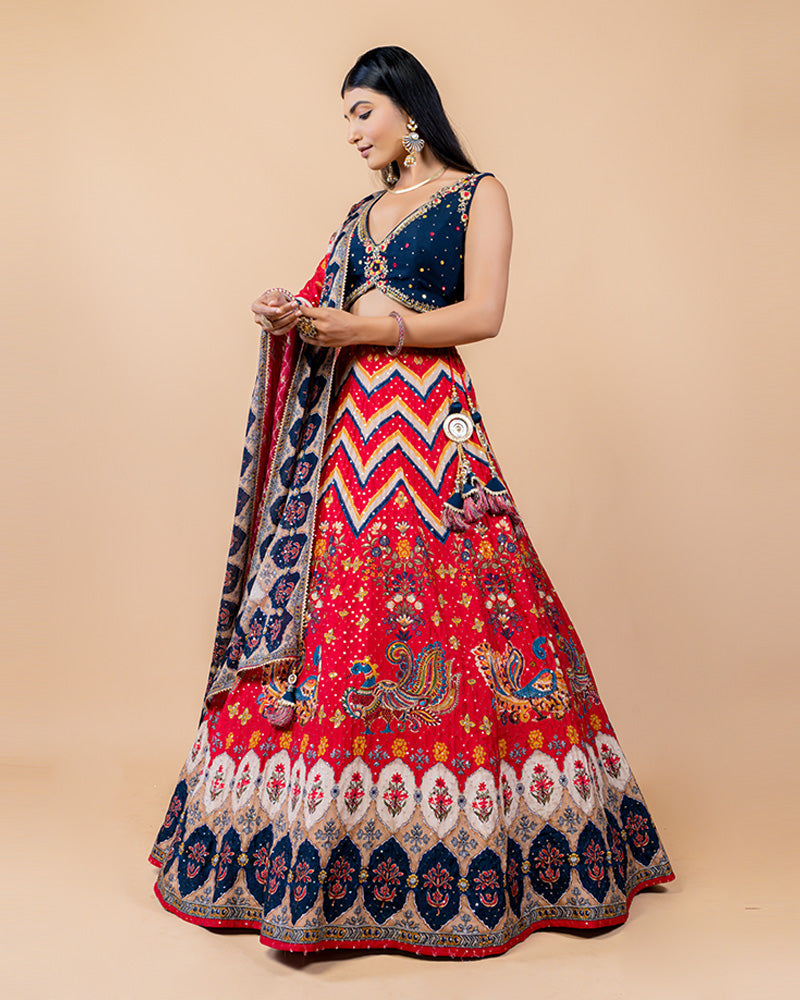 Red Lehenga with Navy Blue Deep Neck Blouse and Dupatta