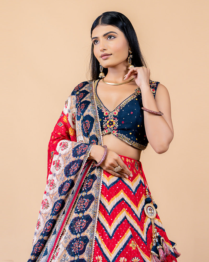 Red Lehenga with Navy Blue Deep Neck Blouse and Dupatta