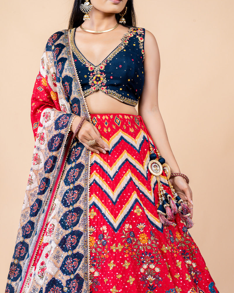 Red Lehenga with Navy Blue Deep Neck Blouse and Dupatta