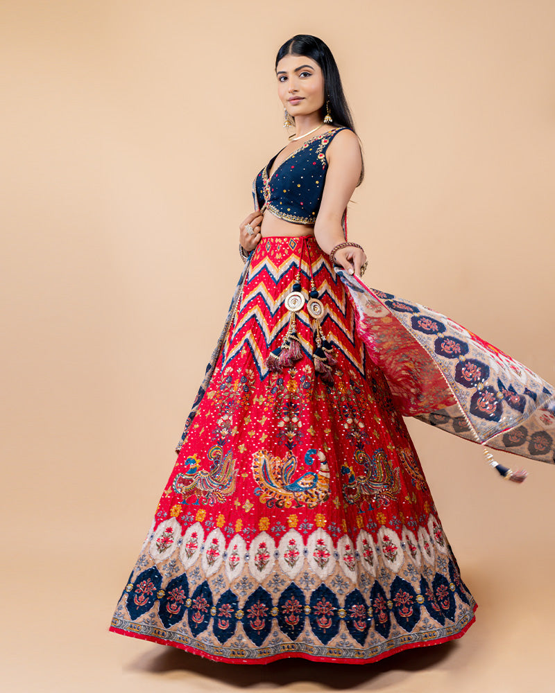 Red Lehenga with Navy Blue Deep Neck Blouse and Dupatta