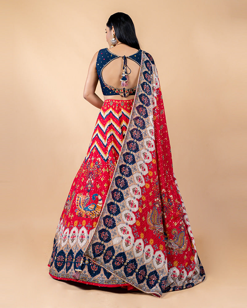 Red Lehenga with Navy Blue Deep Neck Blouse and Dupatta