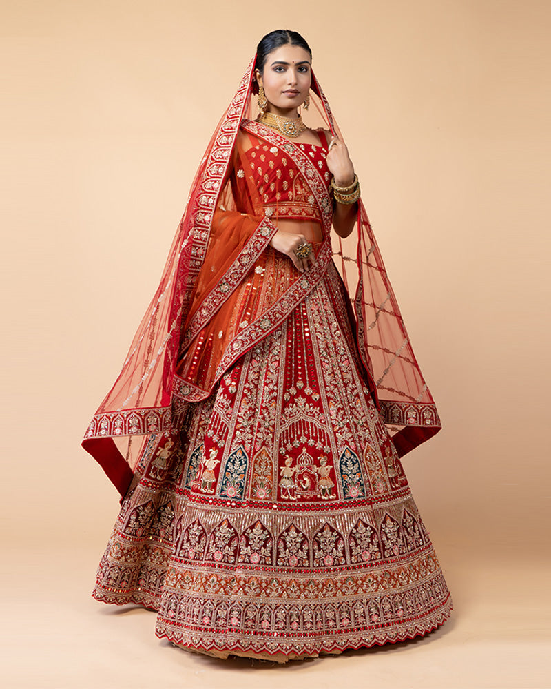 Red Semi-Stitched Bridal Lehenga Embellished with Hand Work and Net Dupatta