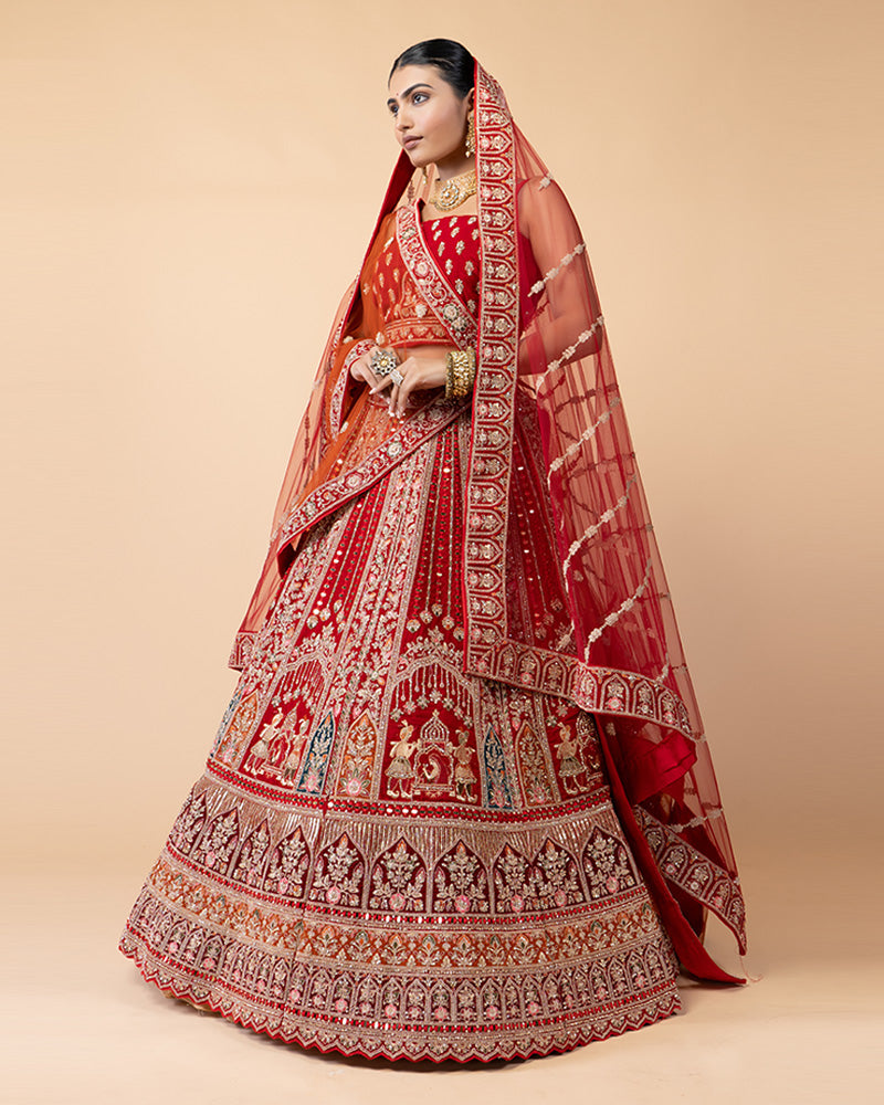 Red Semi-Stitched Bridal Lehenga Embellished with Hand Work and Net Dupatta