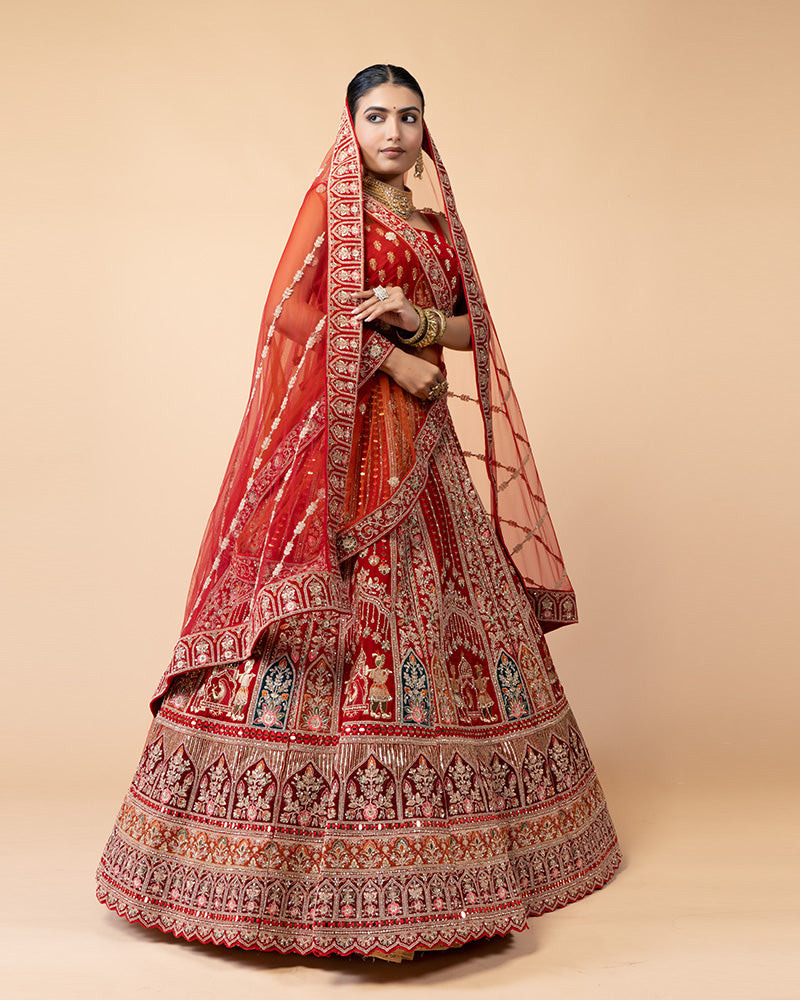 Red Semi-Stitched Bridal Lehenga Embellished with Hand Work and Net Dupatta