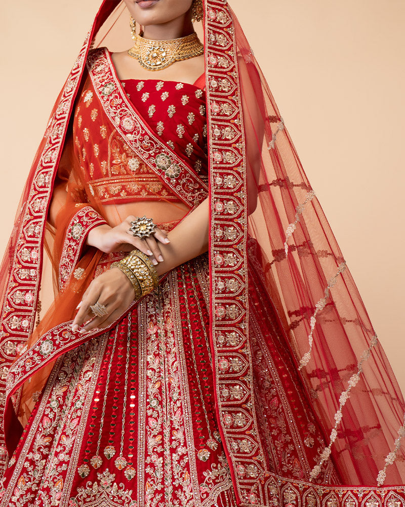 Red Semi-Stitched Bridal Lehenga Embellished with Hand Work and Net Dupatta