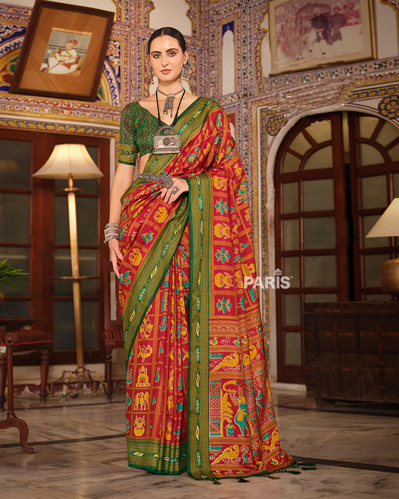 Red Printed Patola Silk Saree with Unstitched Blouse 01