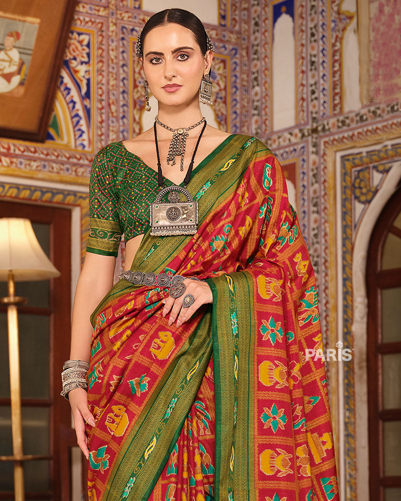 Red Printed Patola Silk Saree with Unstitched Blouse 02