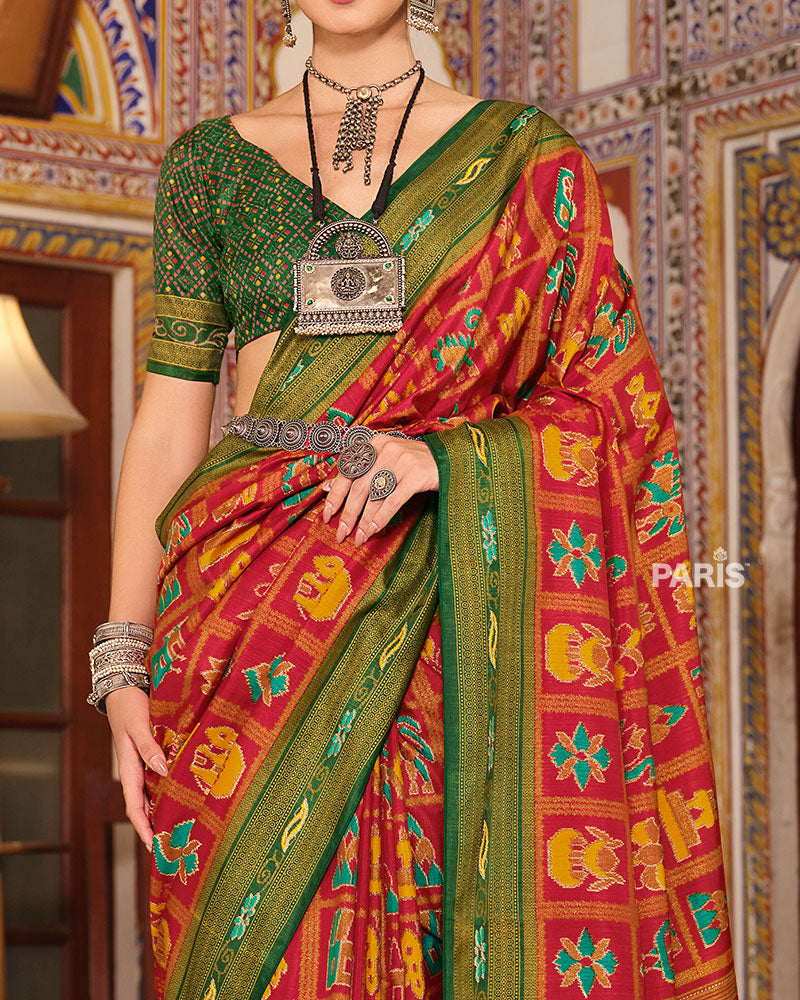 Red Printed Patola Silk Saree with Unstitched Blouse 03