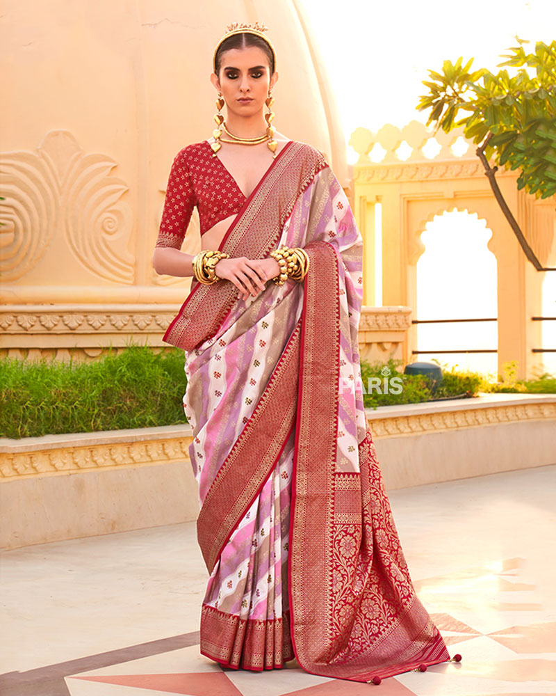 Red Printed Silk Saree with Unstitched Blouse 01
