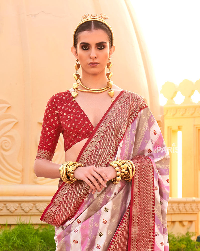 Red Printed Silk Saree with Unstitched Blouse 02