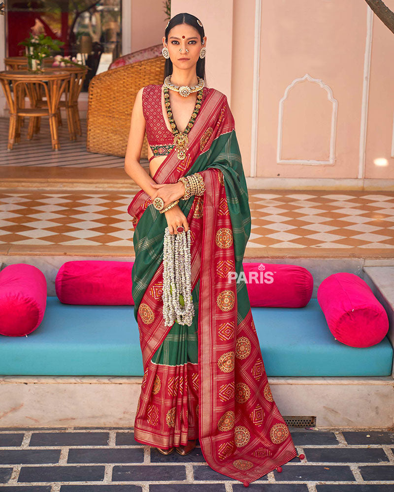 Red and Green Printed Patola Silk Saree with Unstitched Blouse 01