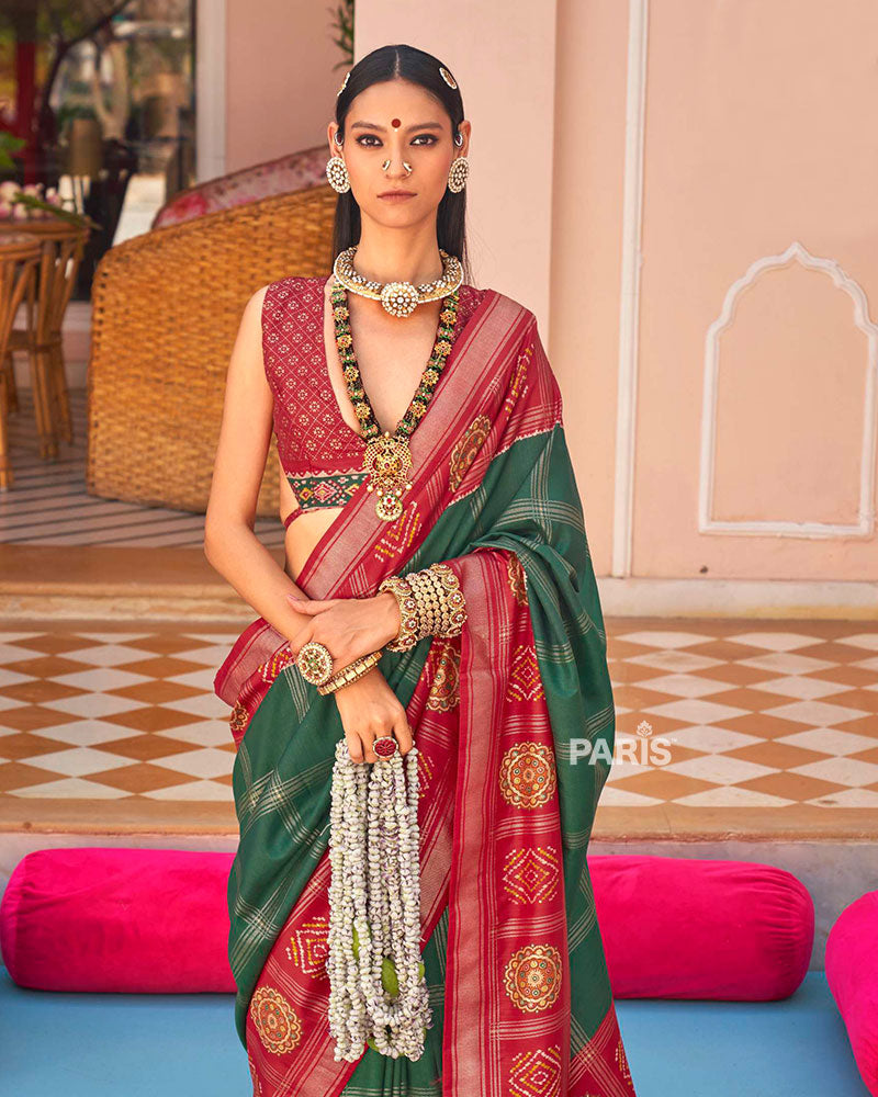 Red and Green Printed Patola Silk Saree with Unstitched Blouse 02