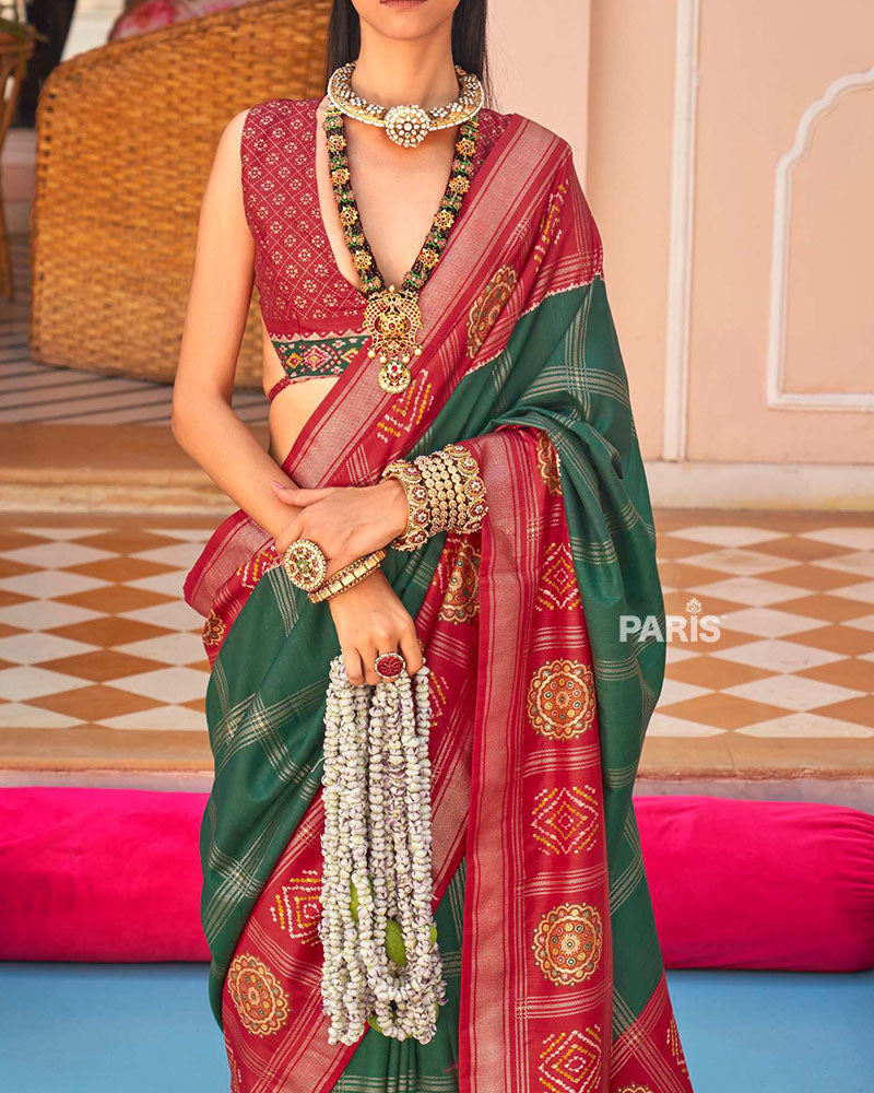 Red and Green Printed Patola Silk Saree with Unstitched Blouse 03