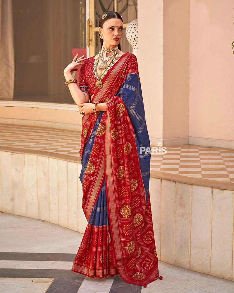 Red and Navy Blue Printed Patola Silk Saree with Unstitched Blouse 01