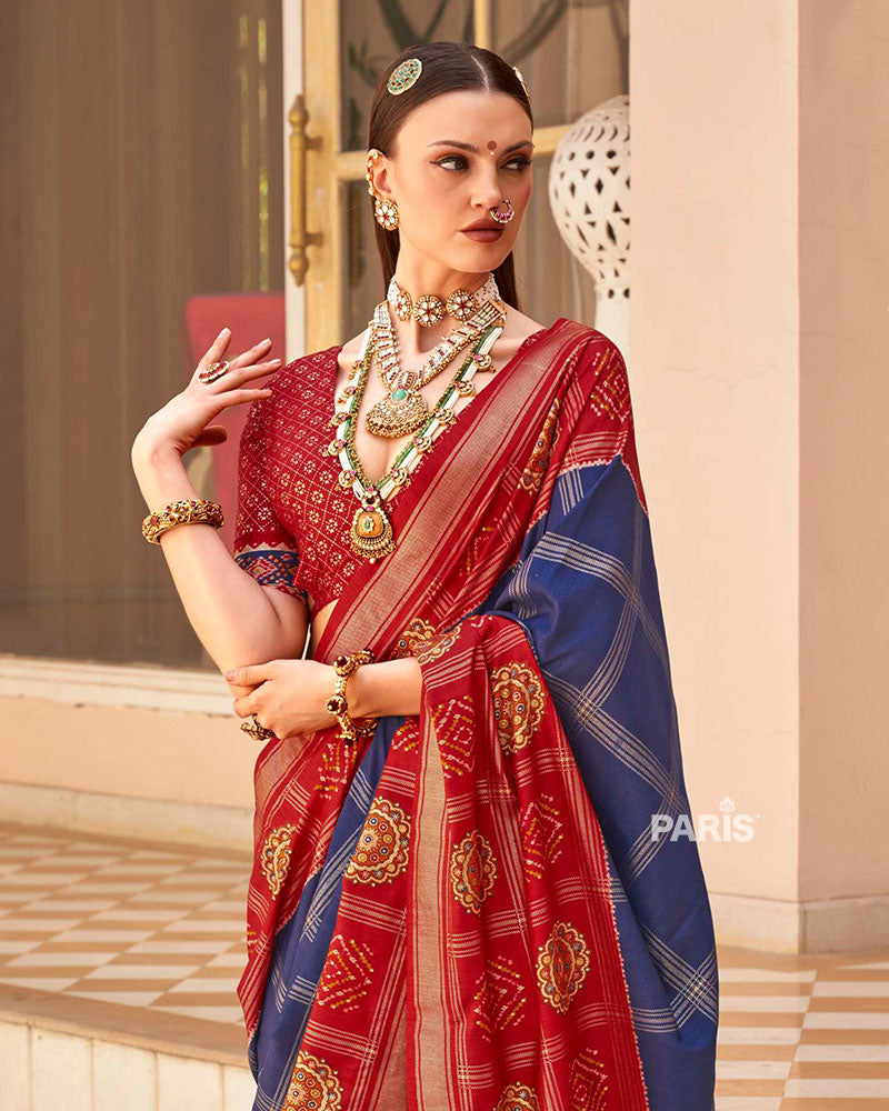 Red and Navy Blue Printed Patola Silk Saree with Unstitched Blouse 02