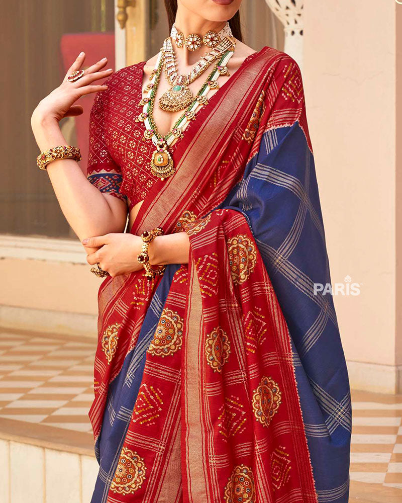 Red and Navy Blue Printed Patola Silk Saree with Unstitched Blouse 03
