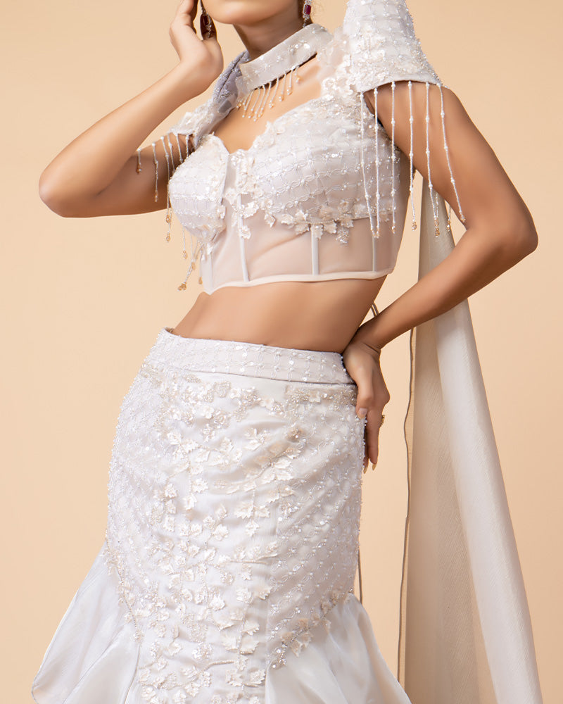 Rose Gold Lehenga with Mermaid Silhouette and Net Choli and Draped Dupatta