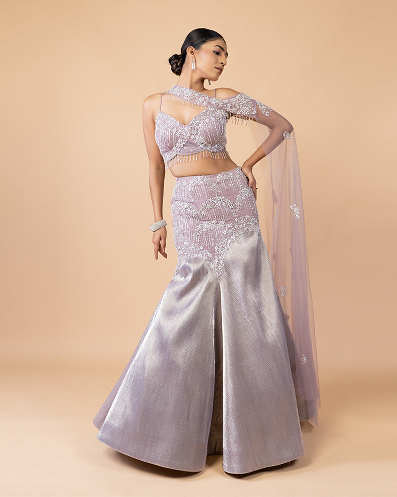 Rose Pink Lehenga With Mermaid Silhouette and Heavy Choli Draped Dupatta