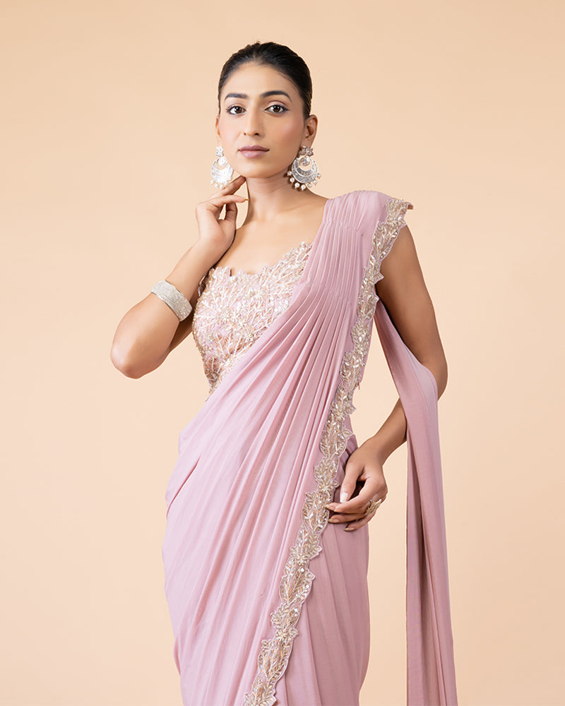 Rose Pink Ready-to-Wear Saree with Heavily Sequined Blouse