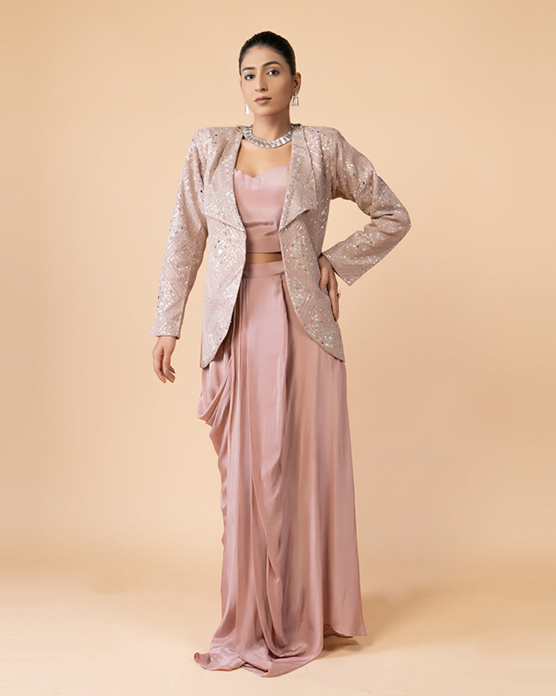 Rose pink Silk Draped Skirt with Crop Top and Heavy Work Jacket