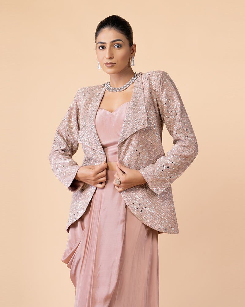 Rose pink Silk Draped Skirt with Crop Top and Heavy Work Jacket