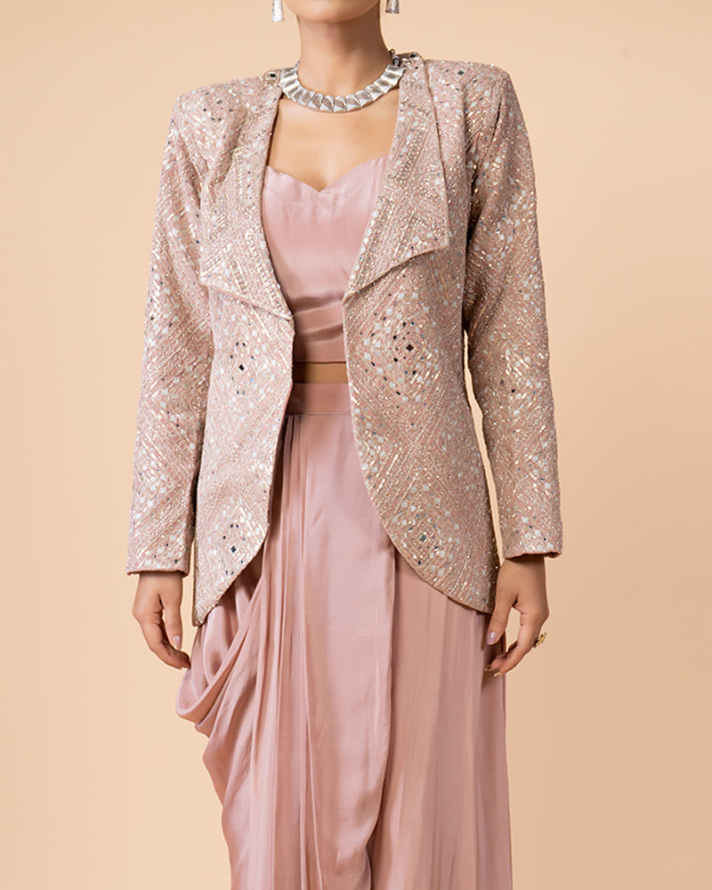 Rose pink Silk Draped Skirt with Crop Top and Heavy Work Jacket