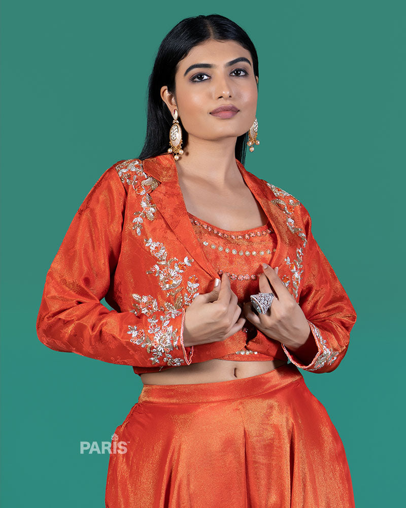 Rust Embroidered Jacket & Palazzo Co-Ord Set 02