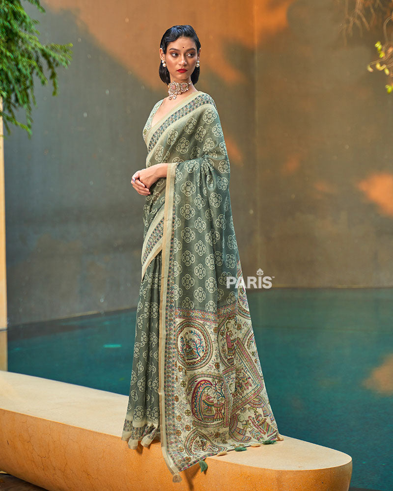 Sage Green Floral Printed Cotton Saree with Unstitched Blouse 01