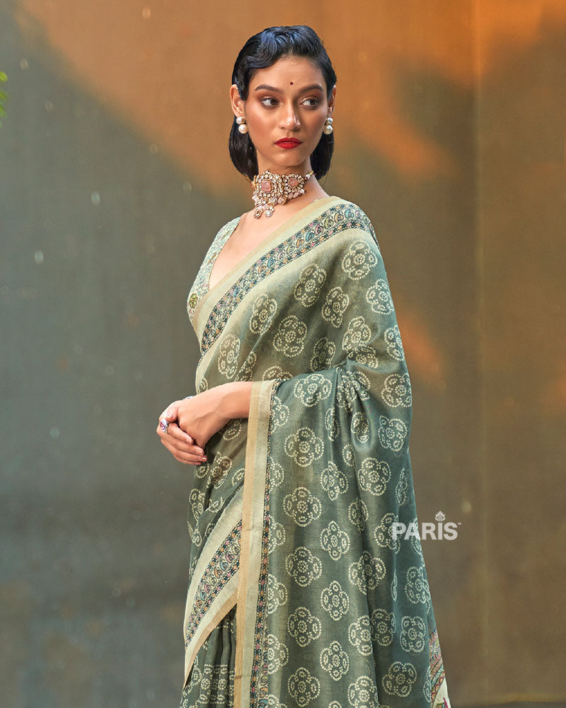 Sage Green Floral Printed Cotton Saree with Unstitched Blouse 02
