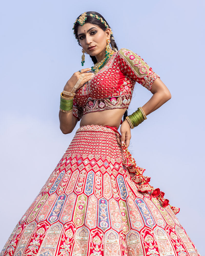 Scarlet Red Bridal Kali Style Lehenga Choli With Blouse and Dupatta Set