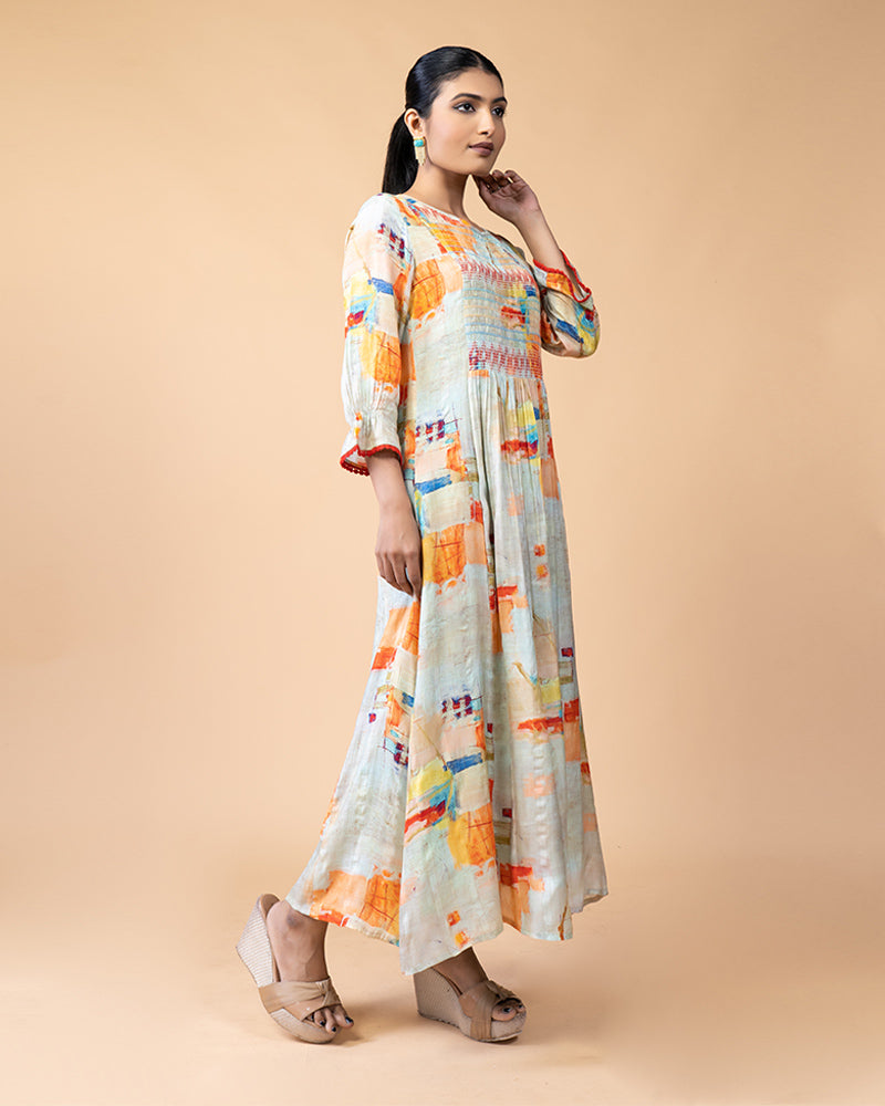 Sea Green Floral Printed Long Kurti