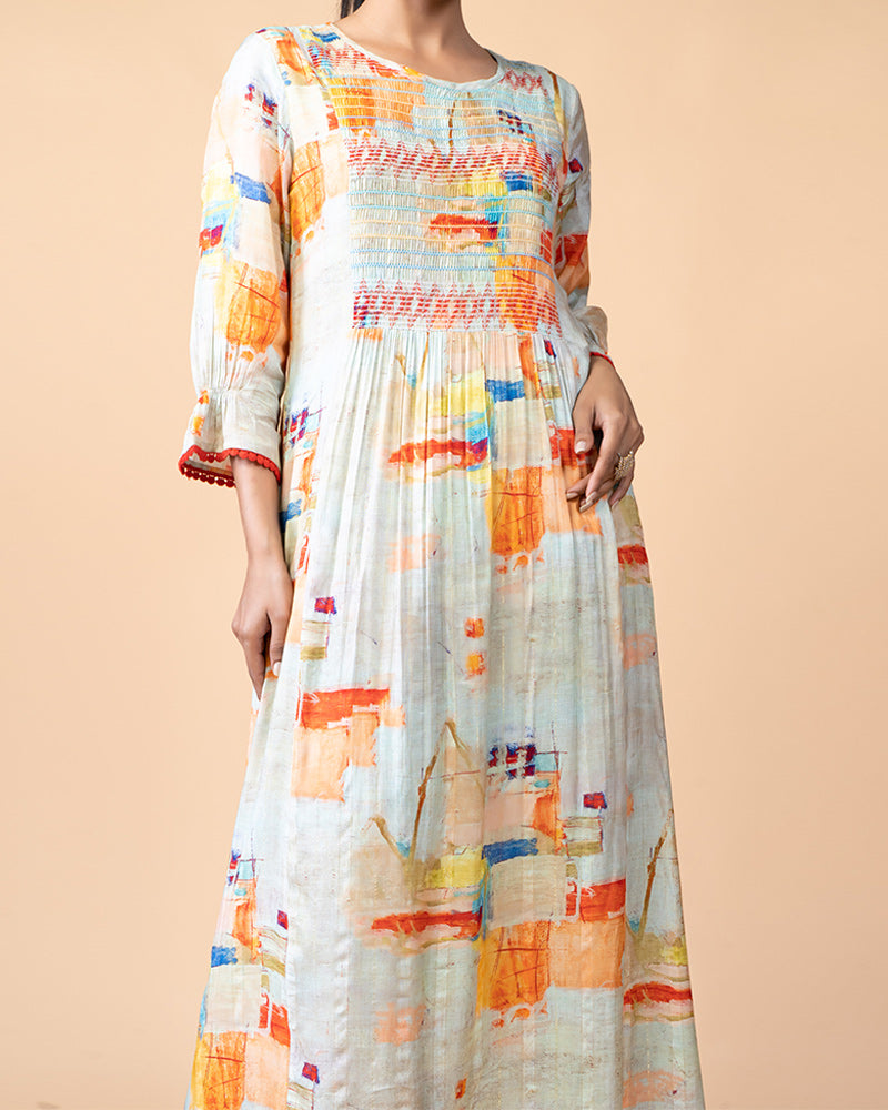 Sea Green Floral Printed Long Kurti