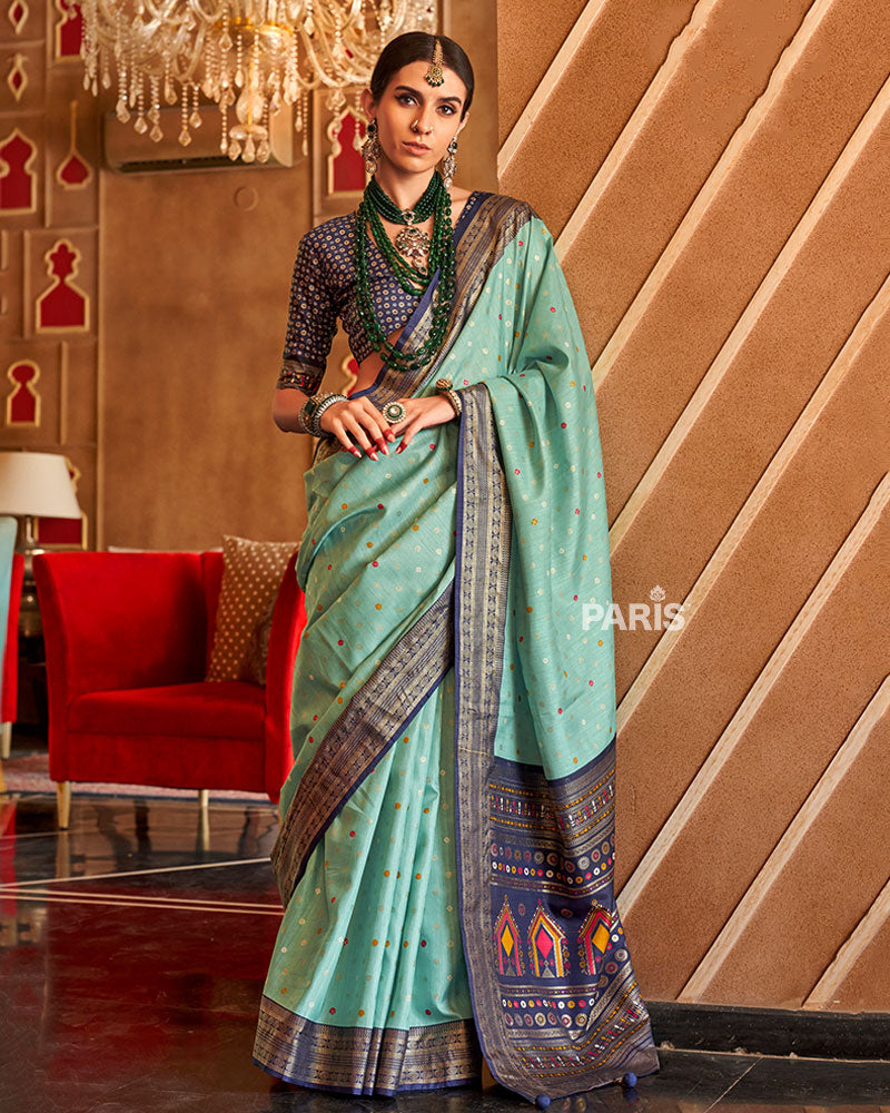 Sea Green and Navy Blue Foil Printed Patola Saree with Unstitched Blouse 01