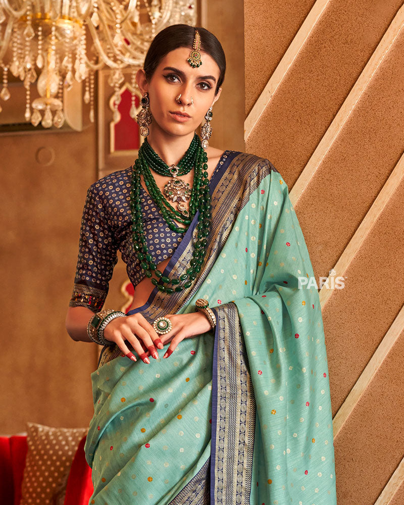 Sea Green and Navy Blue Foil Printed Patola Saree with Unstitched Blouse 02