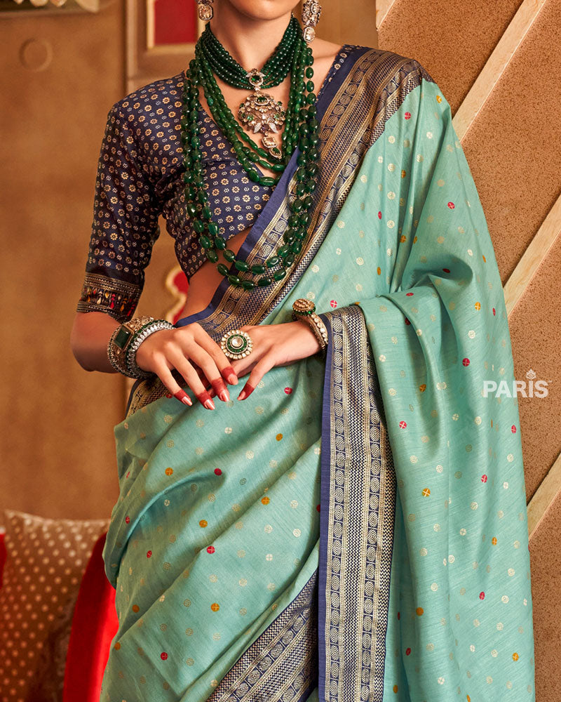 Sea Green and Navy Blue Foil Printed Patola Saree with Unstitched Blouse 03