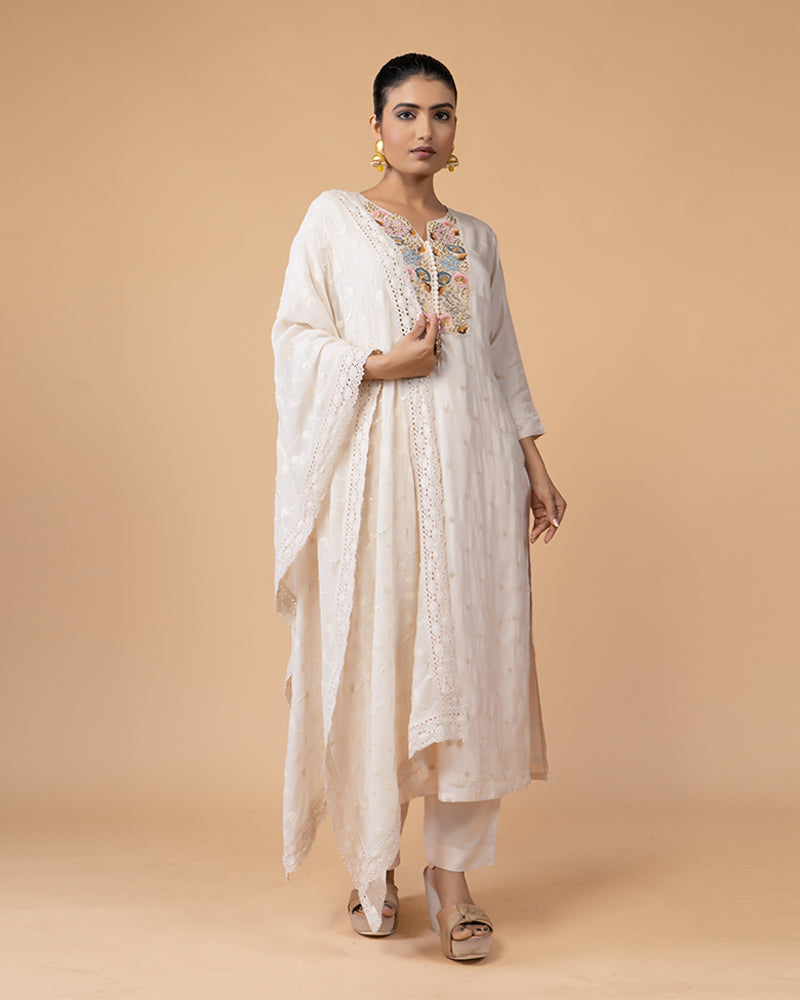 Silk off White Salwar Kameez with Elegant Georgette Dupatta