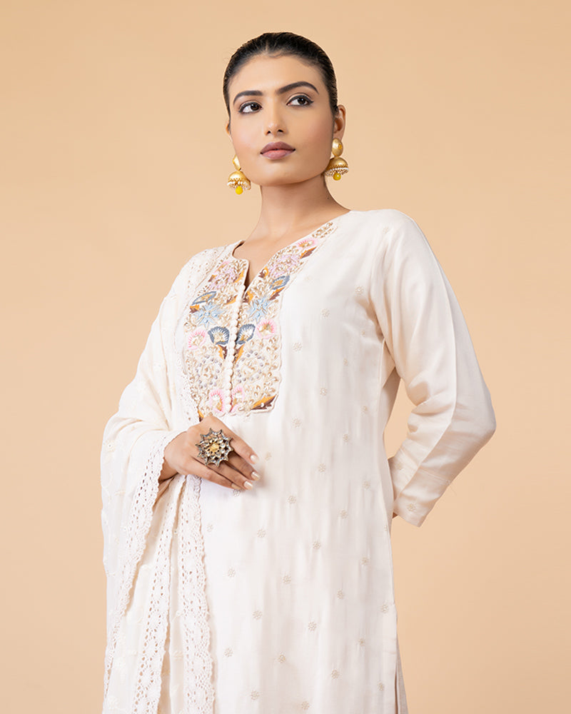 Silk off White Salwar Kameez with Elegant Georgette Dupatta