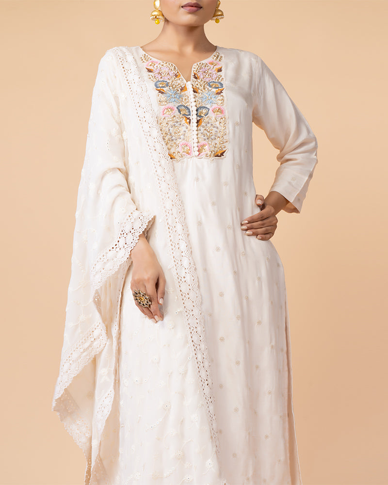 Silk off White Salwar Kameez with Elegant Georgette Dupatta