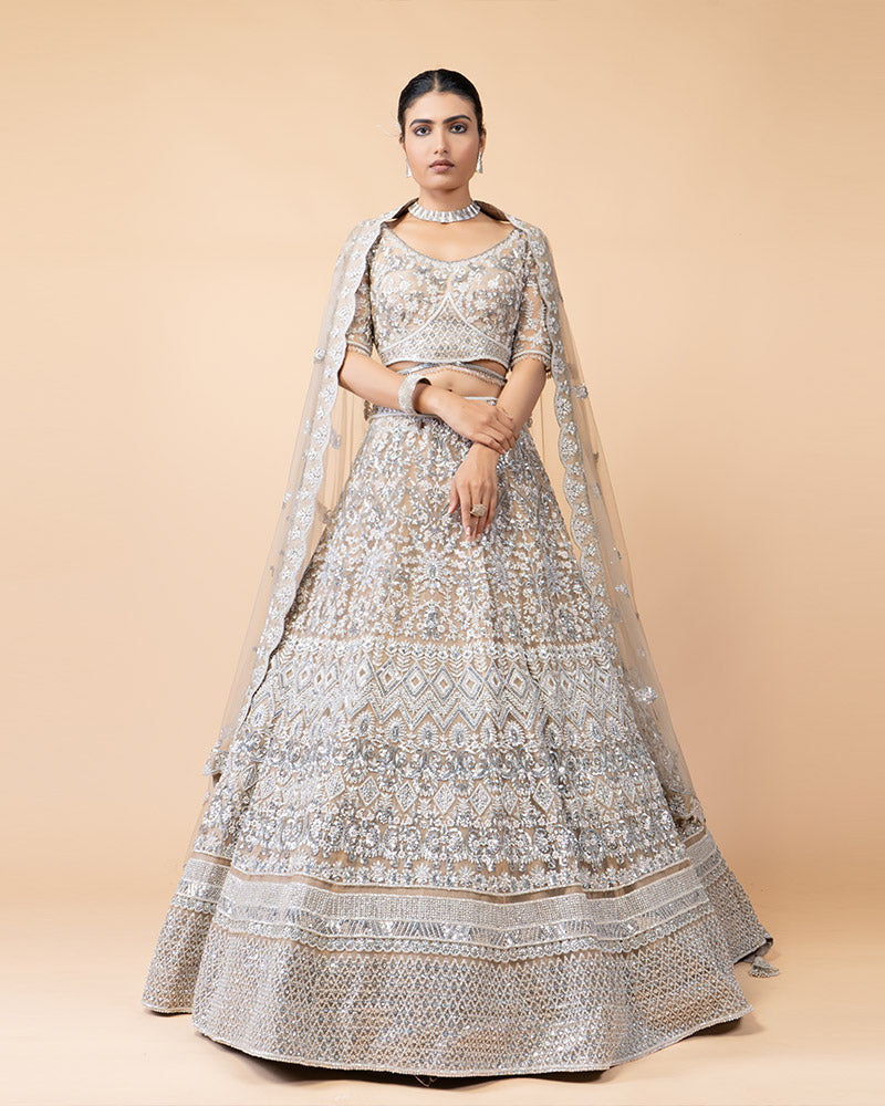 Silver Bridal Lehenga Embellished with Heavy Sequence Work and Mirror Work